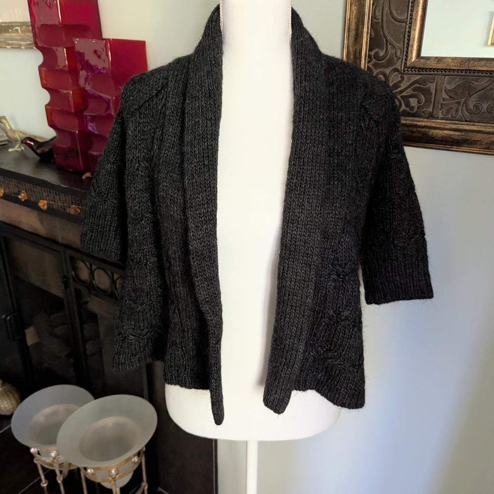 LOFT Wmns Small Acrylic Alpaca Wool Short Sleeve OpenFront Cable Knit Cardigan